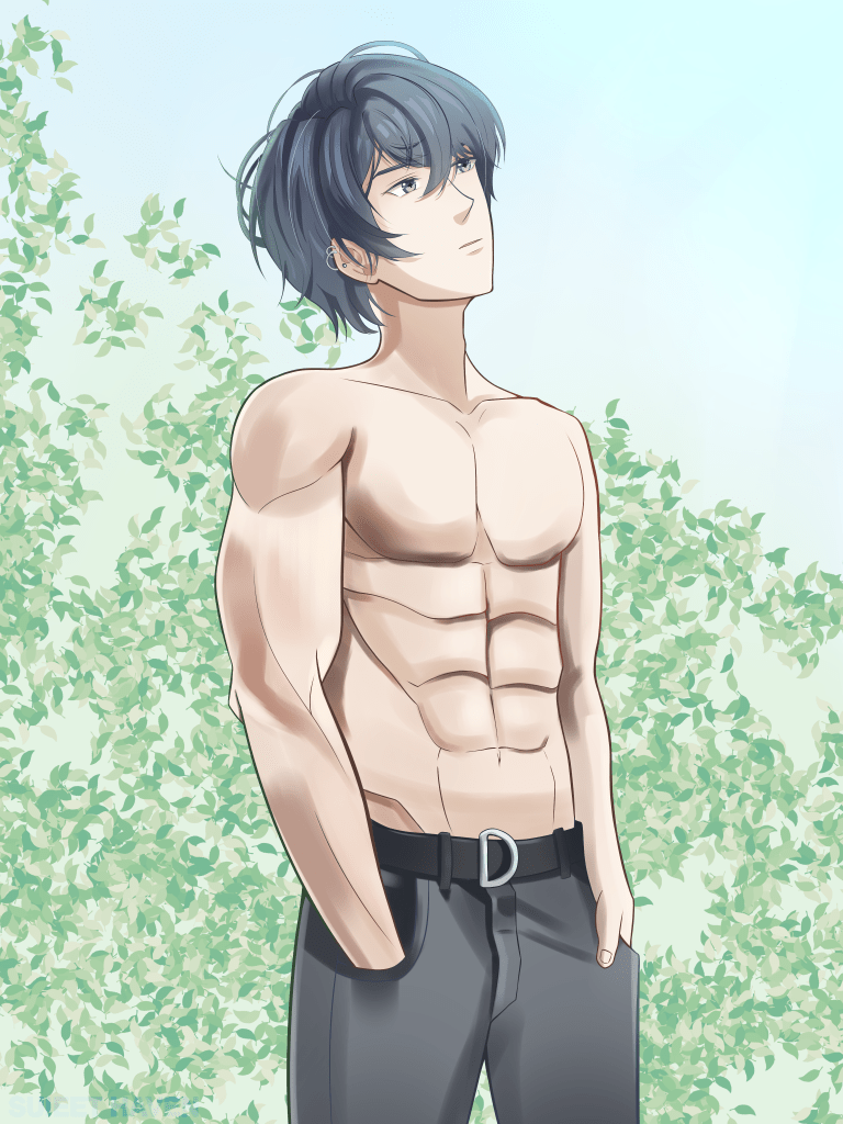 Marius von Hagen standing topless in a garden